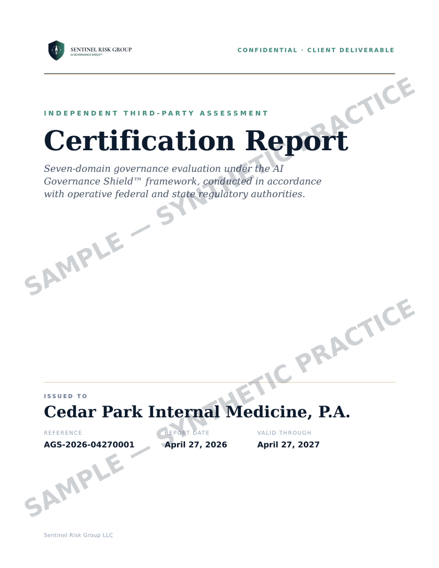 Sample Certification Report cover — Independent Third-Party Assessment, issued to a synthetic sample practice