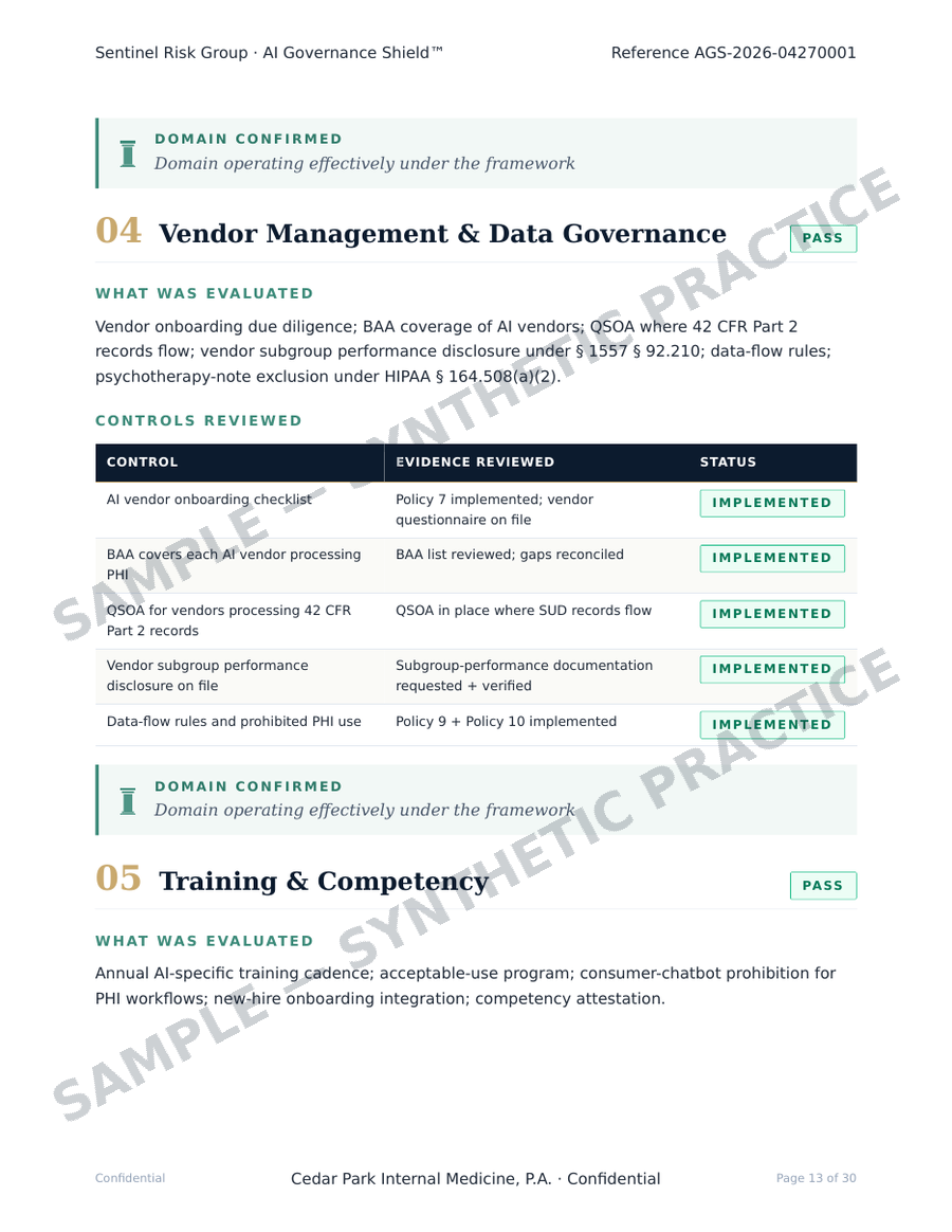 Domain detail page — controls reviewed, evidence reviewed, implementation status