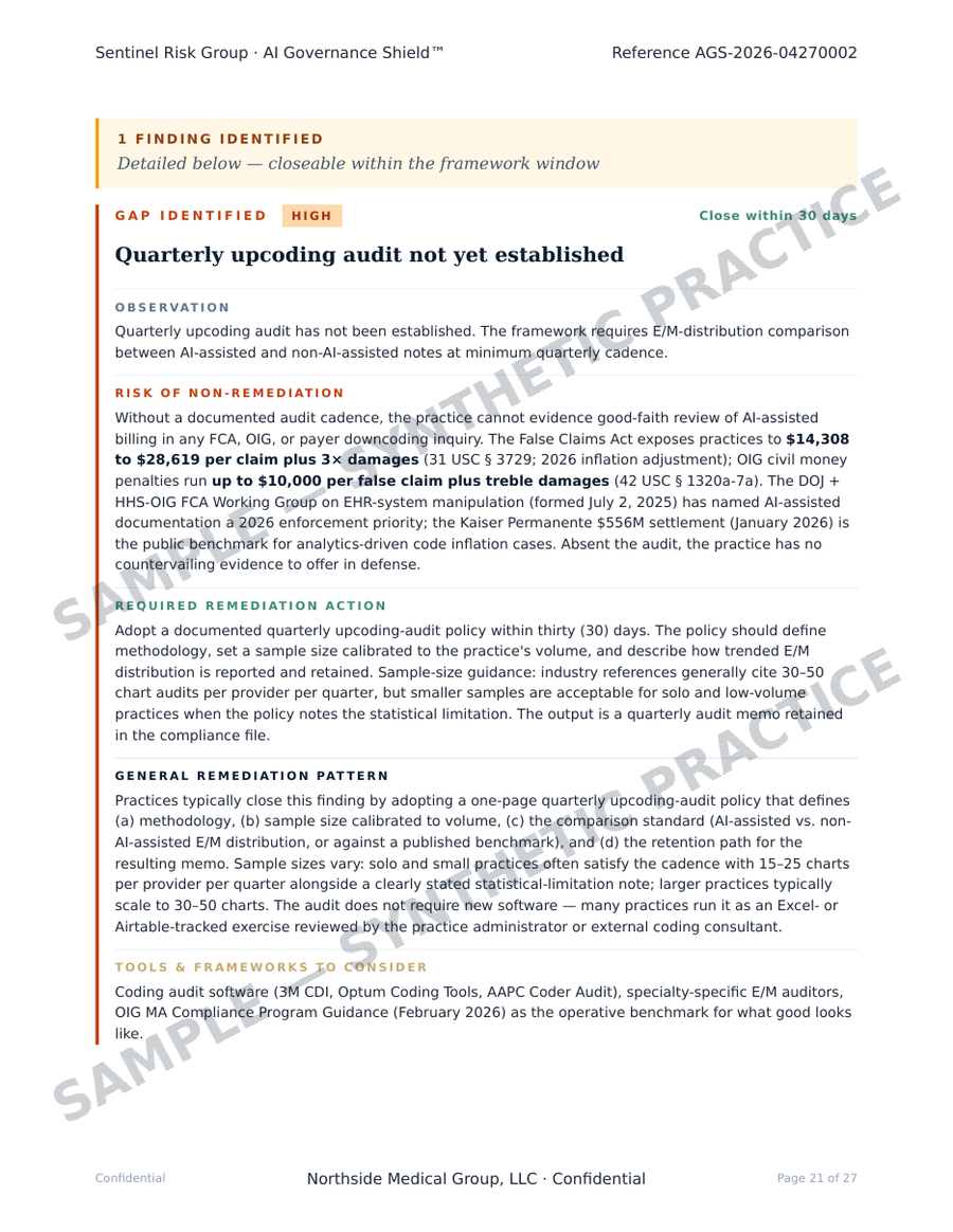A written finding from a Gap Assessment — observation, risk of non-remediation, required action, remediation pattern, tools