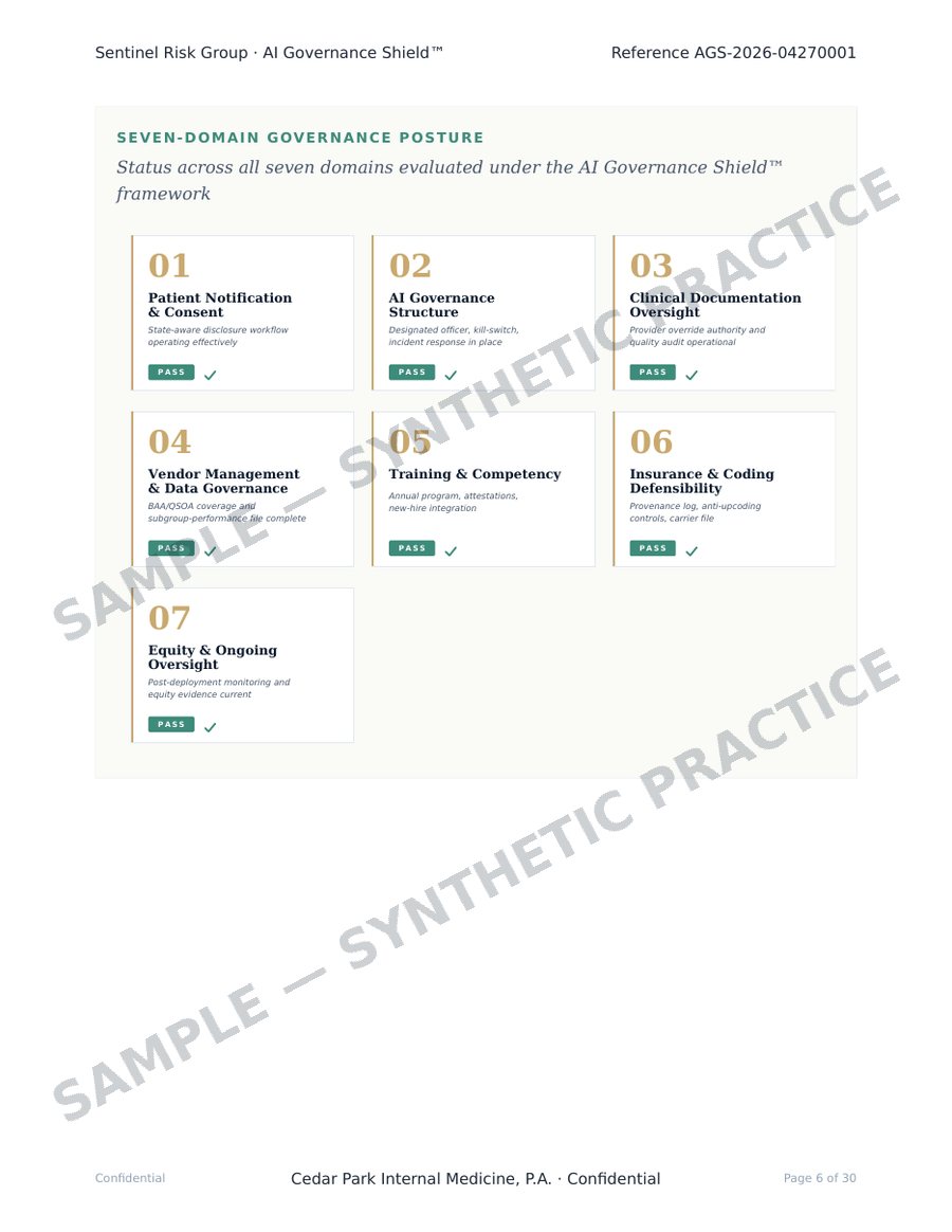 Seven-domain governance posture grid with per-domain pass status